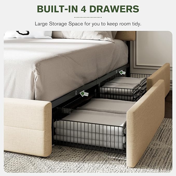 MUTICOR Full Size Bed Frame with 4 Storage Drawers, Upholstered Platform Bed with Button Tufted Adjustable Headboard, No Box Spring Needed, Easy Assembly, Square Tufted, Beige Fabric