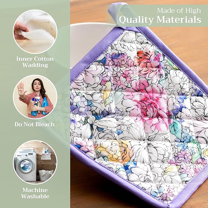 Maison d' Hermine Pot Holders Set 100% Cotton Heat Resistant Potholders 8" x 8" Hot Pads with Loop BBQ, Cooking, Baking, Grilling, Kitchen, Handling Hot Pans Spring/Summer (Pack of 2, Floral Love)