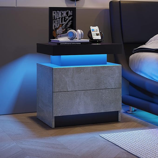 LED Nightstands, Modern End Side Table with 2 Drawers, LED Bedroom Furniture for Bedroom and Living Room, Grey