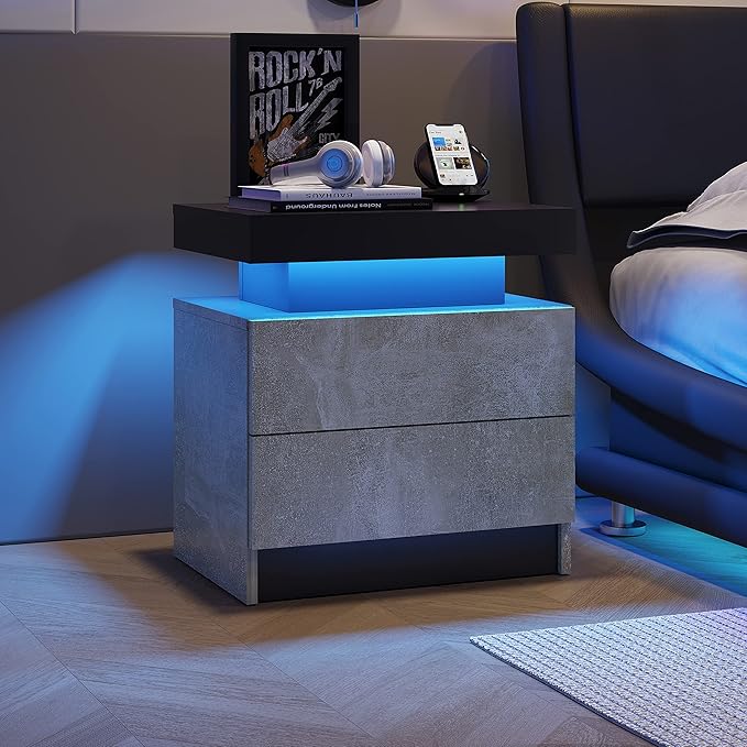 LED Nightstands Set of 2, Modern End Side Table with 2 Drawers, LED Bedroom Furniture for Bedroom and Living Room, Grey