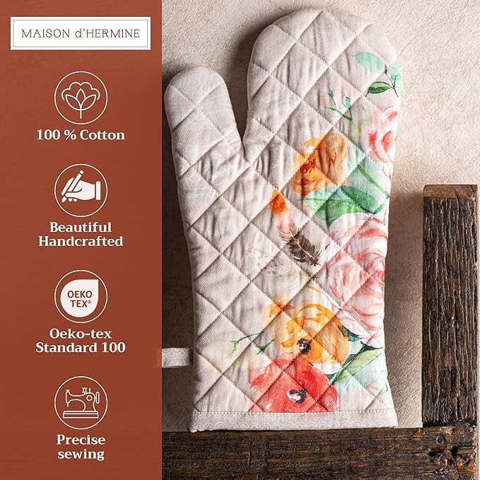 Maison d' Hermine Oven Gloves 100% Cotton Oven Mitt 7" x 13" with Loop Heat Resistant, BBQ, Cooking Gloves, Baking, Grilling, Kitchen, Handling Hot Pans Spring/Summer (Pack of 1, Ibiza - Beige)