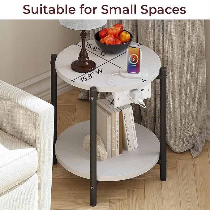 LIKIMIO Small Round End Tables Set of 2 with Charging Station, 2-Tier Wooden Side Tables, 15.8" W Modern Nightstands for Small Spaces, Living Room, Bedroom, White
