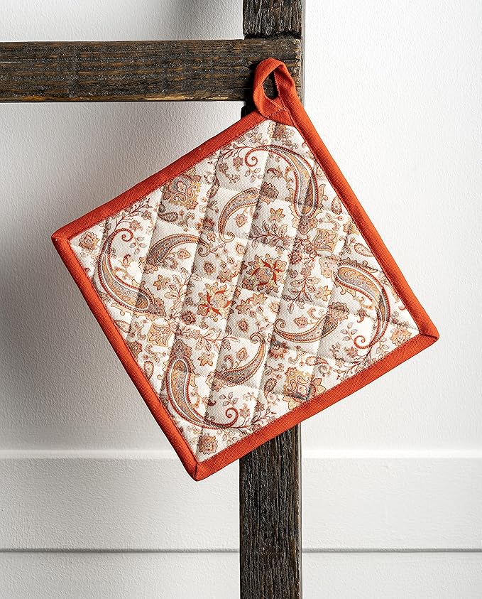 Maison d' Hermine Pot Holders 100% Cotton Heat Resistant Potholders 8" x 8" Hot Pads with Loop for Thanksgiving Christmas Decorations BBQ Cooking Baking Handling Hot Pans (Pack of 1, Cachemire)