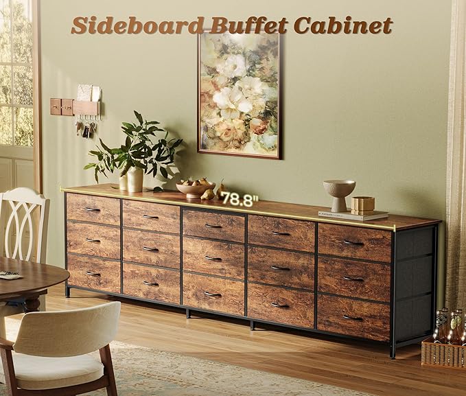 Huuger 78.7 inch Long Dresser for Bedroom, 15 Drawer Fabric Dresser for Closet, Large TV Stand for 65, 75, 85 inch TV, Wide Chest of Drawer with Storage, 78.7" W x 12.9" D x 26.7" H, Rustic Brown