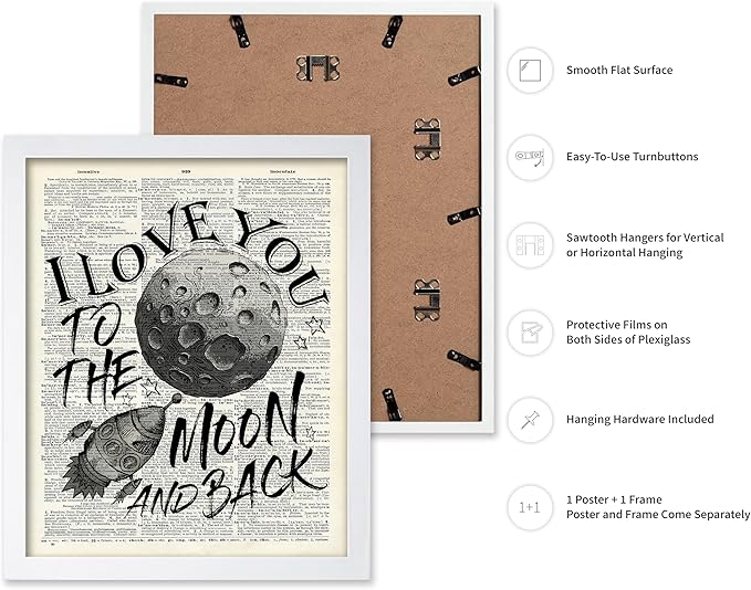 Poster Master Dictionary Art Poster - I Love You To The Moon and Back Print - Motivational Art - Gift for Him, Her & Lovers - Romantic Decor for Dorm, Bedroom or Living Room, 8x10 White Framed