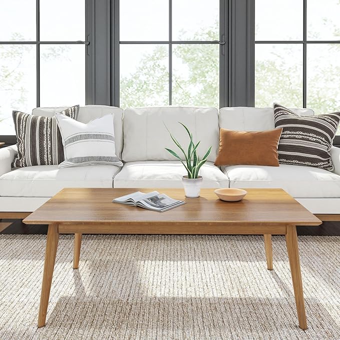 Plank+Beam 48 Inch Mid Century Modern Coffee Table, Wood Coffee Tables for Living Room, Rectangular Center Table, Occasional Table for Small Spaces, Pecan