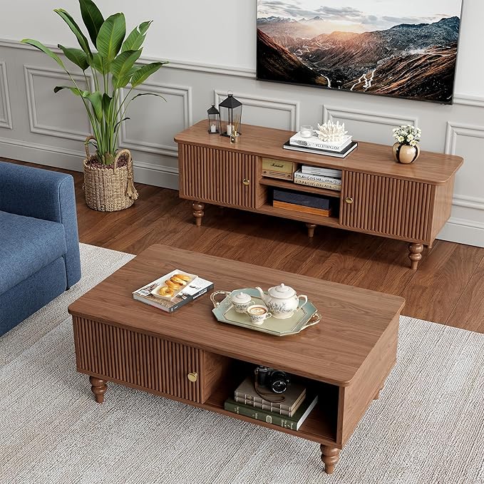 Modern Coffee Table, Mid-Century Wooden Center Table with Open Storage Shelf, Farmhouse Wooden Storage Coffee Table for Home and Office Décor, Walnut Oak