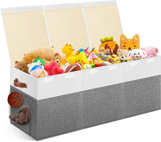 Extra Large Toy Storage Box with Lid, Collapsible Sturdy Toys Chest Storage Organizer Bin Basket with Divider for Kids, Boys, Girls, Closet, Playroom, Bedroom, Nursery, 40"X14"X16", Gray & White