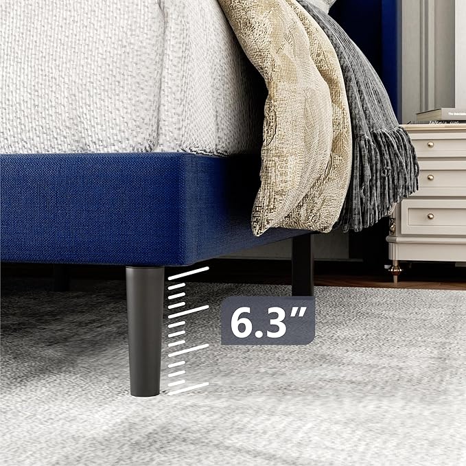 Queen Size Bed Frame with Upholstered Wingback Headboard, Easy Assemnly Platform Bed, Wooden Slat Support No Box Spring Needed, Navy Blue