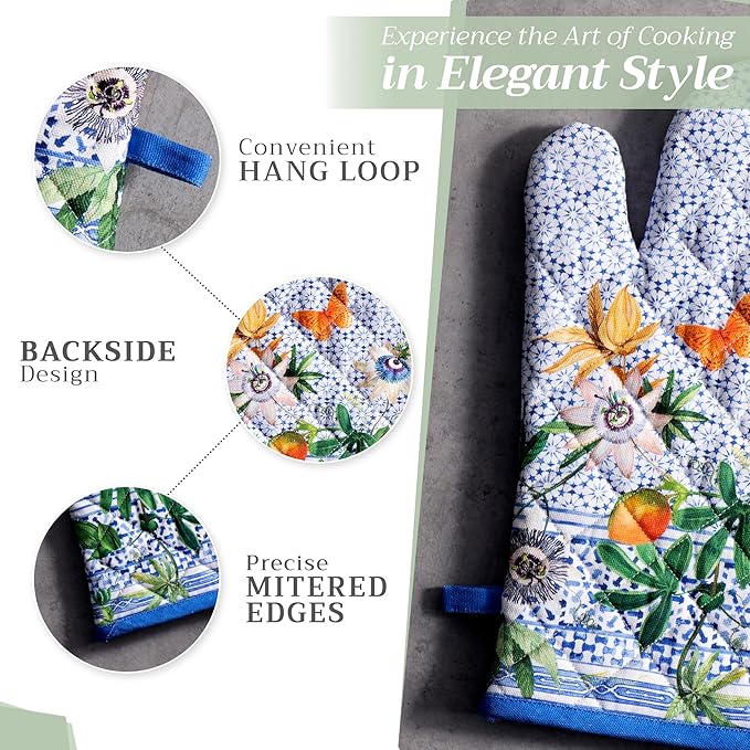 Maison d' Hermine 100% Cotton Oven Mitt & Pot Holder Set (7.5"x13" & 8"x8") Heat Resistant BBQ Cooking Gloves with Loop, Baking, Grilling, Kitchen, Handling Hot Pans Spring/Summer (Passiflora)