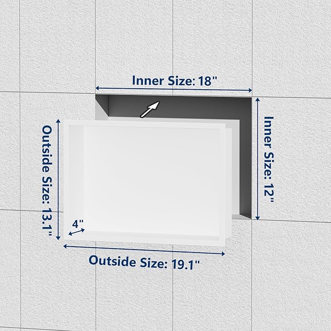 Stainless Steel Shower Niche 18" X 12", No Tile Needed Wall Niche, Recessed Shower Shelf for Bathroom Storage, Matte White