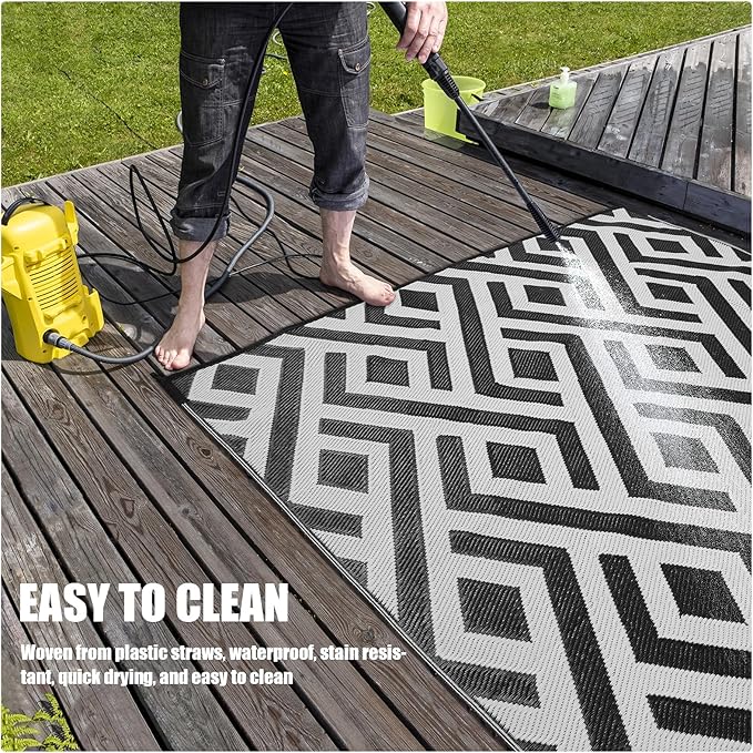 Terrug Outdoor Rug Waterproof 9x12 Ft, Foldable Outdoor Plastic Straw Rug, UV Reversible Patio Rug Decor, Outdoor Area Rug for Camping, RV, Porch, Deck, Backyard, Balcony, Picnic, Black & Light Grey