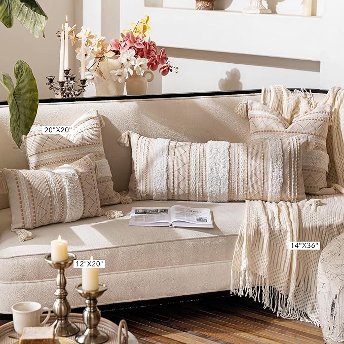 Cream Decorative Lumbar Throw Pillow Cover 14x36 Boho Long Cushion for Bed Neutral Accent Farmhouse Pillowcase for Bedroom Living Room Couch Sofa Home Décor (Cover ONLY, Pack of 1)