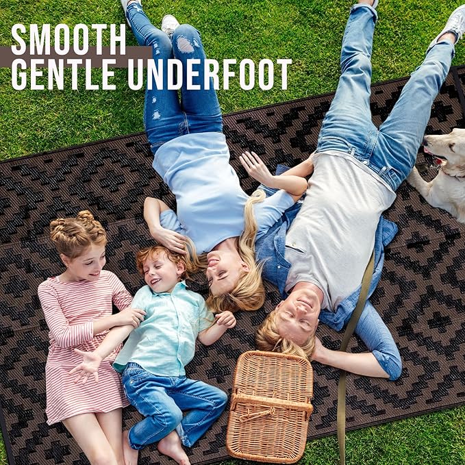 OLANLY Waterproof Outdoor Rug 6x9 ft, Outdoor Plastic Straw Rug for Camping, RV Mat Outside, Outdoor Carpet for Porch, Deck, Backyard, Balcony, Picnic, Black & Brown