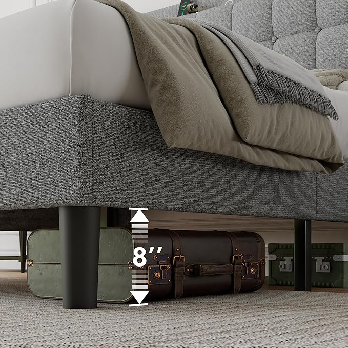 iPormis Queen Bed Frame with Charging & Storage, Upholstered Platform Bed with Button Tufted Wingback Headboard, Heavy-Duty Foundation, No Box Spring Needed, Light Grey