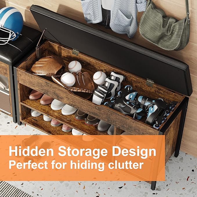 Shoe Bench, Lift Top Shoe Storage Bench, Adjustable Shelf Entryway Bench, Metal and Wood Shoe Rack Organizer with Cushion for Entry, Bedroom, Closet, Living Room, Hallway (Brown, 35.5“W)