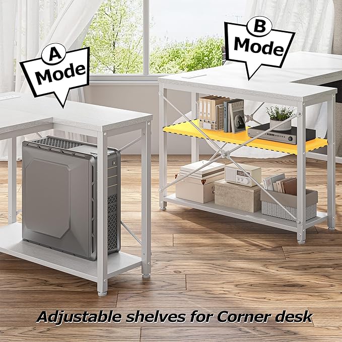 EnHomee Small Computer Desk with Storage Shelves & Side Bag, 40 Inch L Shaped Gaming Desk with Power Outlets, Corner Desk Study Writing Table for Home Office Bedroom Living Room, White