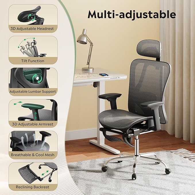 DEVAISE Ergonomic Mesh Office Desk Chair, Retractable Footrest and Adjustable Lumbar Support, Comfy High Back Reclining Computer Gaming Chair, Tilt Function, Heavy Duty, SGS Class 4 Gas Lift, Grey