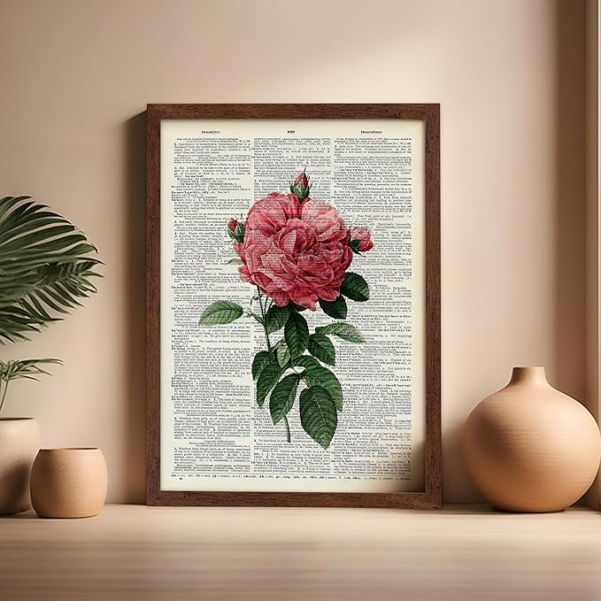 Poster Master Dictionary Art Poster - Pink Roses Print - Flower Art - Floral Art - Gift for Him, Her & Florist - Minimal Decor for Living Room, Bedroom, Dorm or Flower Shop, 16x20 Brown Framed