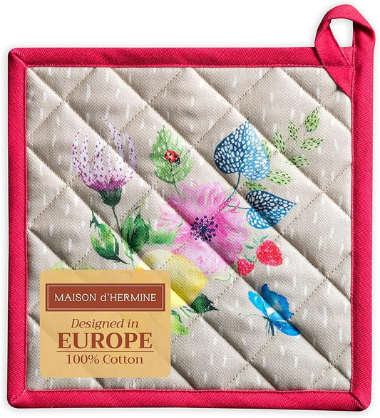 Maison d' Hermine Pot Holders 100% Cotton Heat Resistant Potholders 8" x 8" Hot Pads with Loop BBQ, Cooking, Baking, Grilling, Kitchen, Handling Hot Pans Spring/Summer (Pack of 1, Jardin D'Ete - Fog)