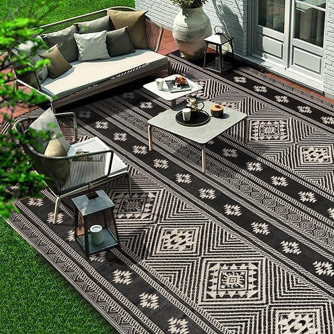 HiiARug Outdoor Rug for Patio Clearance,10'x14' Waterproof Mat,Beach Mat,Reversible Plastic Camping Rugs,Rv,Front Porch Decor,Deck,Camper,Balcony,Backyard,Boho Black