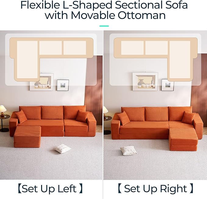 LINSY HOME Modular Sectional Sleeper Sofa Convertible Sofa Bed with 2 Pillows & Ottoman, L Shaped Folding Sofas Corduroy Couch Bed Compression Floor Sofa for Living Room Apartment (Orange)