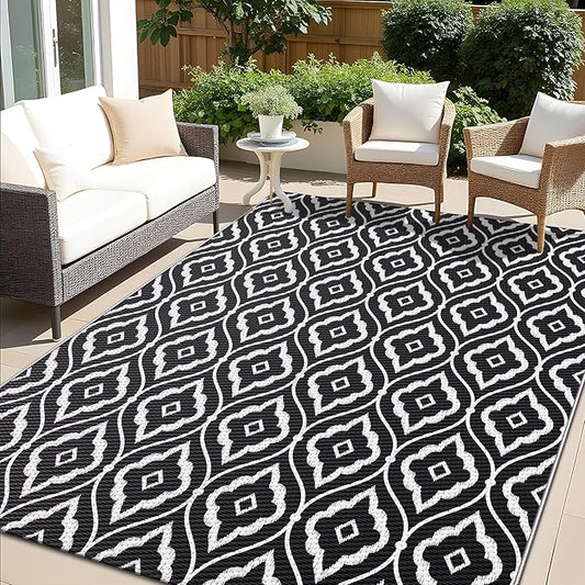 OLANLY Outdoor Rug 8x10 ft Waterproof, Outdoor Plastic Straw Rug with Geometric Pattern Clearance, Reversible RV Mat for Patio, Camping, Balcony, Deck, Backyard, Black & White