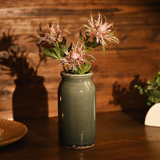 VICTOR & TERESA Rustic Blue and Grey Vase for Home Decor, Ceramic Vases for Flowers, Modern Farmhouse Decorative Vases for Pampas Grass,Table Accent, Mantel, Living Room,Bookshelf, Centerpieces, 8''