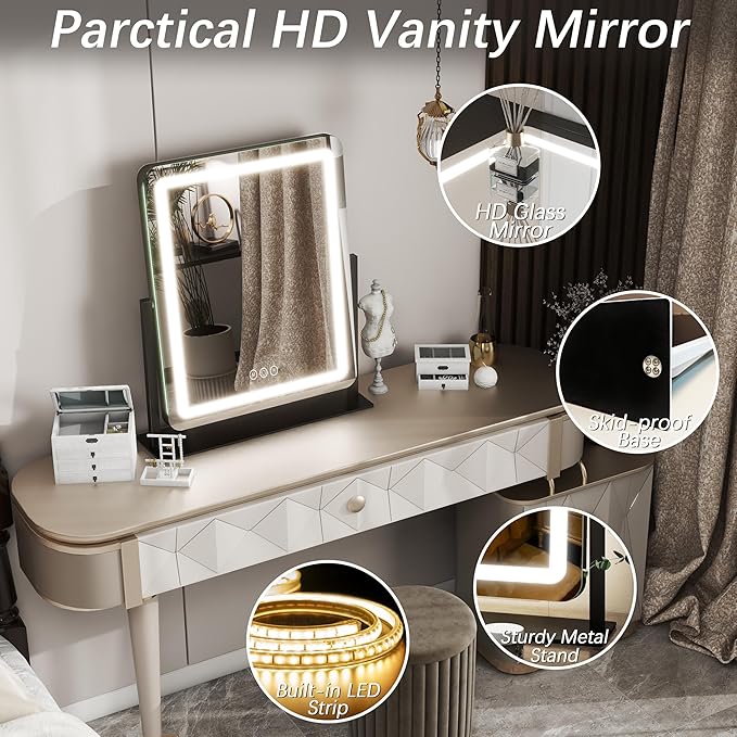 FENNIO Vanity Mirror with Lights 19"x22" - LED Lighted Makeup Mirror,Large Makeup Mirror with Lights,Touch Screen with 3-Color Lighting,Led Mirror Makeup,Dimmable, for Vanity Desk Tabletop, Bedroom
