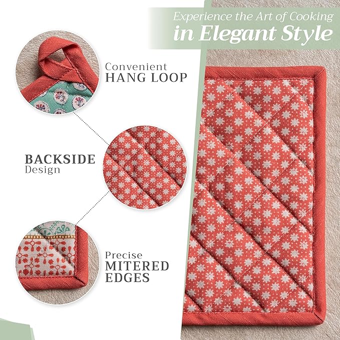 Maison d' Hermine 100% Cotton Oven Mitt & Pot Holder Set (7.5"x13" & 8"x8") Heat Resistant BBQ Cooking Gloves with Loop, Baking, Grilling, Kitchen, Handling Hot Pans Spring/Summer (Provence)