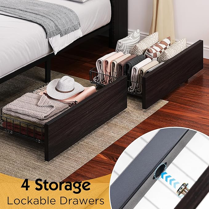 Twin Farmhouse Bed Frame with Bookcase Headboard and 4 Drawers, LED Storage Bed with Charging Station & Linen Upholstered, No Box Spring Needed, Black