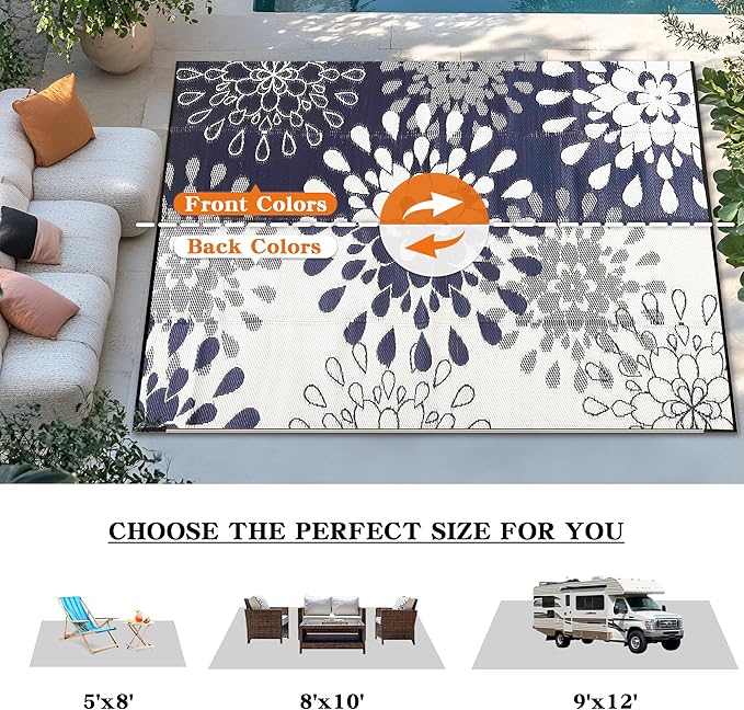 Wallona Outdoor Rugs 8x10 ft Patio Waterproof Clearance Indoor Outdoor Large Carpet for Patio Plastic Straw Reversible Area Rugs Mat for RV, Camping, Balcony, Beach, Picnic, Porch, Flower Blue & White