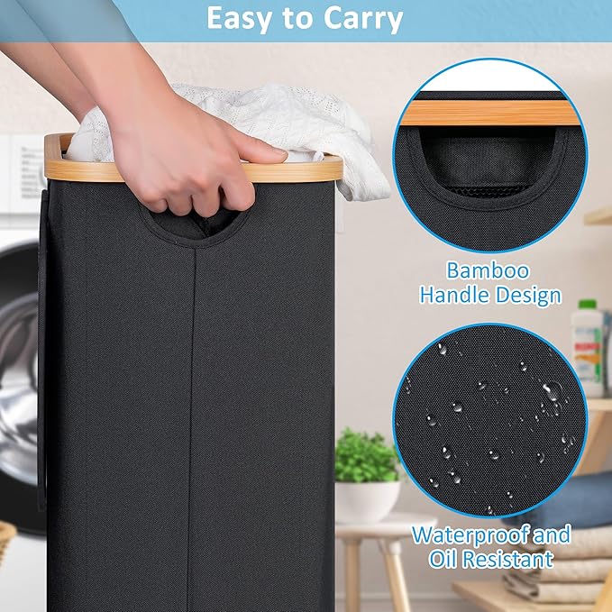 efluky Slim Laundry Basket with Wheels, Narrow Rolling Laundry Hamper with Lid and Removable Bag, Aesthetic Dirty Clothes Hamper on Wheels for Laundry Room, Bedroom, Dorm and Bathroom, 75L Dark Black