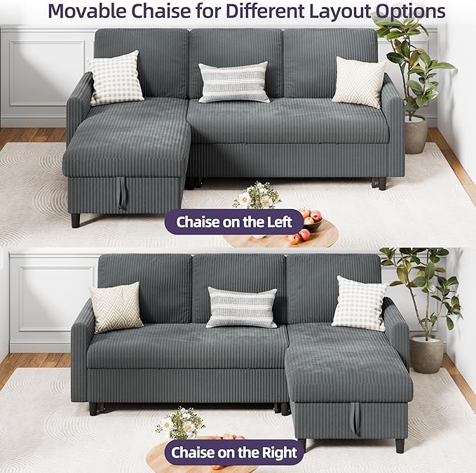 Sofa Bed Sleeper Pull Out 2 in 1 Sectional Sleeper Sofa Couches with Storage, Pullout Sectional Couches for Apartment Living Room