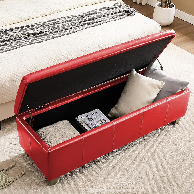 41" Faux Leather Storage Ottoman, Stitch Tufted Rectangle Upholstered End of Bed Storage Bench, Entryway Large Couch Ottoman with Wooden Legs,Red
