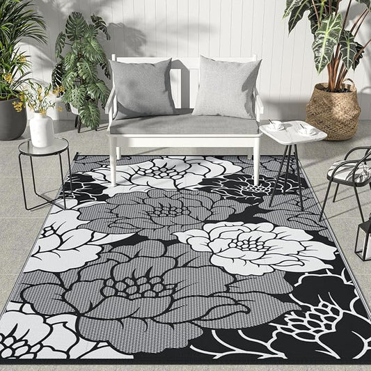 GENIMO Outdoor Rug Waterproof for Patio Decor, 5' x 8' Reversible Plastic Straw Floral Camping Carpet, Large Area Rugs Mats for RV, Camper, Deck, Balcony, Porch, Beach, Picnic, Mix-Black & White