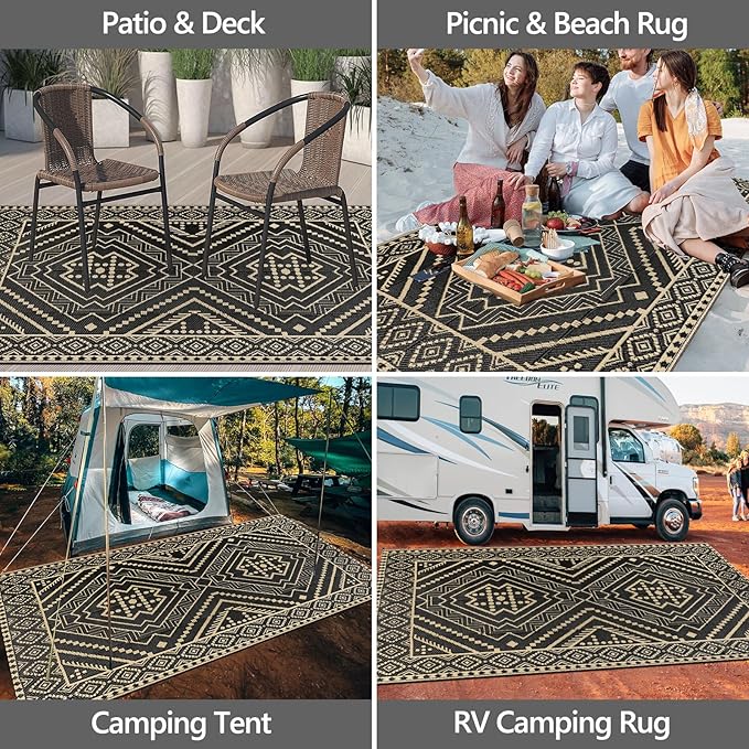 Waterproof Outdoor Rug 5x8 ft, Reversible Plastic Straw Mat, Large Floor Mat for Patio, Camping, Picnic, Backyard RV, Deck, Black