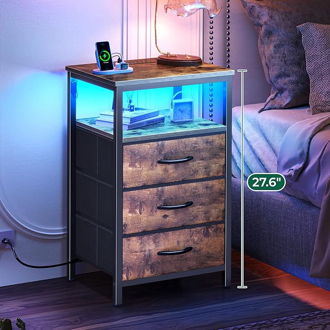 Huuger Night Stand with Charger Station and LED Lights, 3 Drawer Nightstand, Bed Side Table with Open Shelf, End Table, Tall Fabric Dresser for Bedroom, Rustic Brown