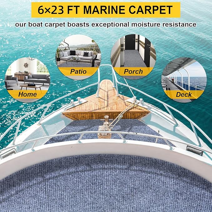 Marine Carpet,6 FT x 23 FT Blue-Gray Indoor Outdoor Carpet 0.2" Thick Boat Carpet with Water-Proof TPE Backing, Non-Slide Outdoor Marine Carpet Roll for Home, Patio, Porch, Deck