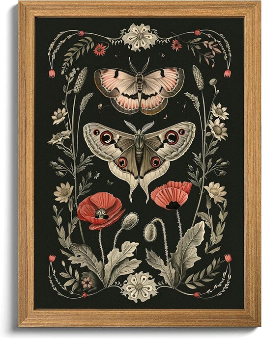 Vintage Framed Wall Art - 3D Textured Classical Style Moth Pictures Wall Decor - Hand Drawn Flowers Nature Art Painting for Living Room Bedroom Home Decor 24x36in