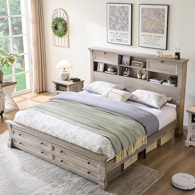 Farmhouse Queen Size Bed Frame with 54" Tall Storage Bookcase Headboard, 18" Roman Column Decoration Footboard,2 Drawer & 4 Storage Rack,Wood Platform Bed Frame, No Box Spring Needed(Light Rustic Oak)