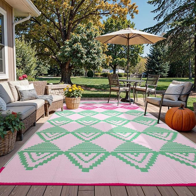 Beeiva Waterproof Outdoor Rug 8x10, Reversible Plastic Straw Patio Mat, Modern Geometric Large Outdoor Camping Rugs for Porch, Deck, Backyard, Balcony, Picnic - Pink & Green