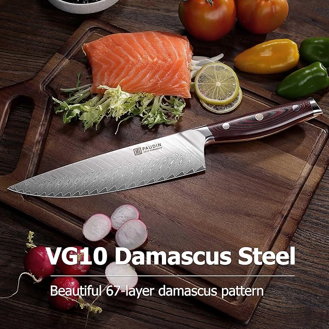 PAUDIN Damascus Chef Knife, 8 Inch Japanese High Carbon 67-layers VG10 Stainless Steel Kitchen Knife, Ultra Sharp Kitchen Knives with Full Tang Ergonomic G10 Handle for Kitchen and Restaurant