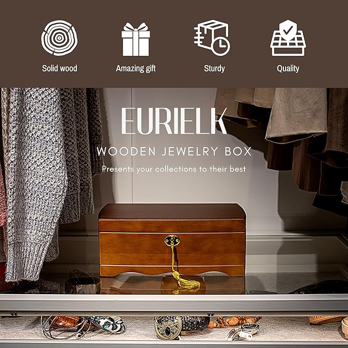 Wooden Jewelry Box with Lock & Key for Women, Medium Size Real Natural Wood Lockable Antique Organizer with Large Storage, Big Ring Compartments, Built in Necklace Hooks, Brown