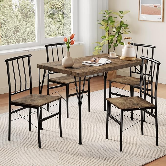 Kitchen Dining Table Set for 4, 5-Piece Kitchen Table Set with 1.6“ Thick Tabletop,Dining Room Table Sets,Kitchen Table Set with 4 Chairs for Small Space, Dinette,Apartment,Retro Brown