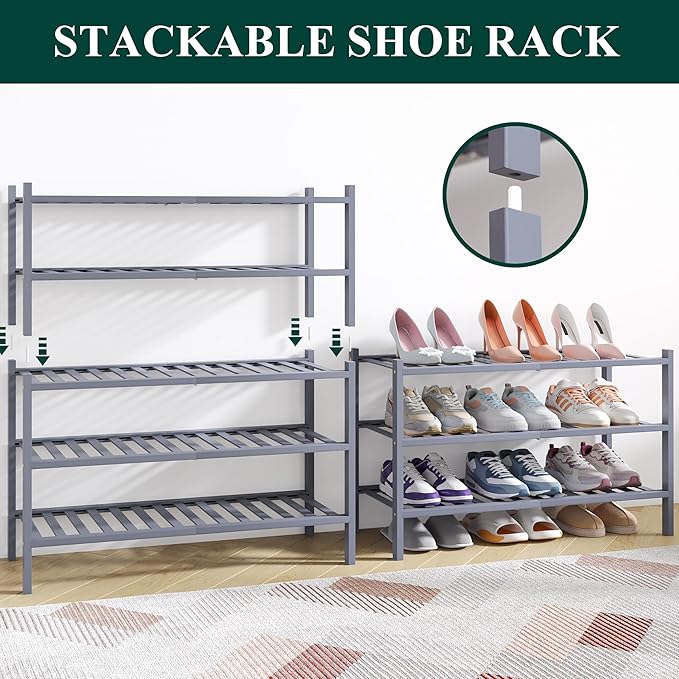 Smiry Bamboo Shoe Rack for Closet, 3 Tier Wooden Stackable Shoe Organizer, Free Standing Shoes Storage Shelf for Entryway, Front Door Entrance, Grey