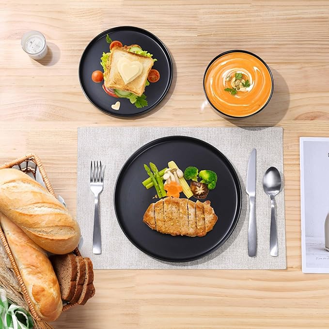Herogo 18 Pieces Stoneware Dinnerware Sets for 6, Dinner Plates and Bowls Set, Reactive Glaze Dishes for Kitchen, Chip Resistant, Microwave & Dishwasher Safe, Matte Black