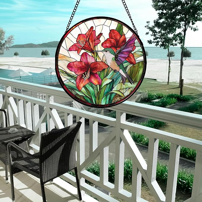 Stained Glass Window Hanging - Hummingbird On Red Lily Flower Sun Catcher for Door Garden Decor Suncatcher Christmas Mother's Day Birthday Gifts for Bird Lovers Women Men Mom Nana 11.8 in