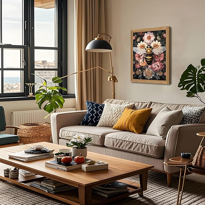 Framed Vintage 3D Textured Wall Art - Dark College Bee Flowers Wall Decor - Hand Drawn Sandstone Nature Botanical Pictures for Living Room Bedroom Home Decor 12x16in