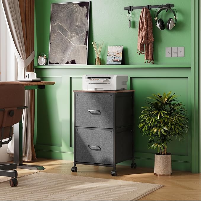 DEVAISE 2 Drawer Mobile File Cabinet, Rolling Printer Stand, Fabric Vertical Filing Cabinet fits A4 or Letter Size for Home Office, Rustic Brown